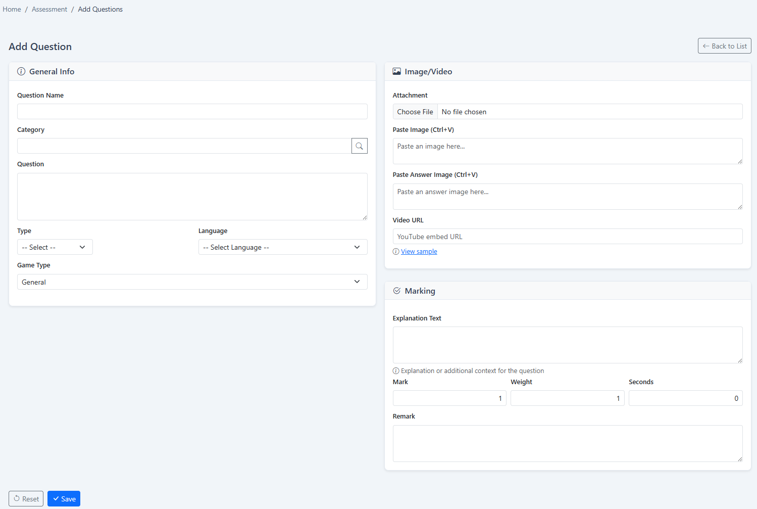 Question Bank, Categories & Assessment Sets: Add a question